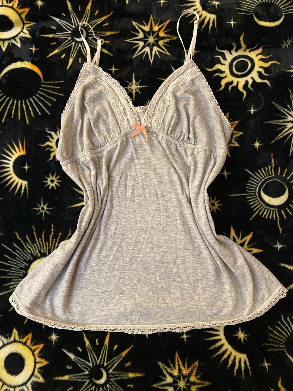 Light Gray Lace-Trim Sleep Tank with Pink Bow